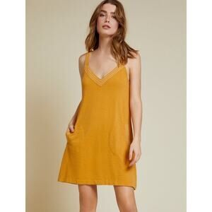 Nation LTD Womens Slub Cotton Larkin Dress Small Canyon Yellow Pockets V Neck